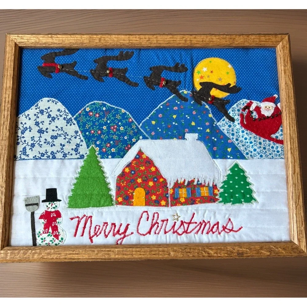 80s Handmade Quilted Merry Christmas Holiday Wall Art Wood Framed Appliqué Decor